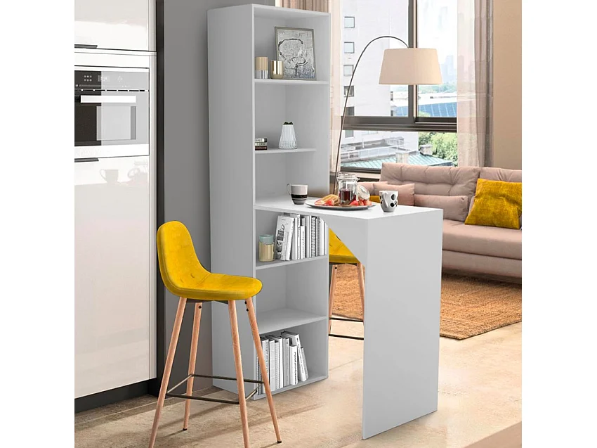 Mobile bar moderno tavolo alto per sgabelli con ripiani h109 Tanul - Bianco