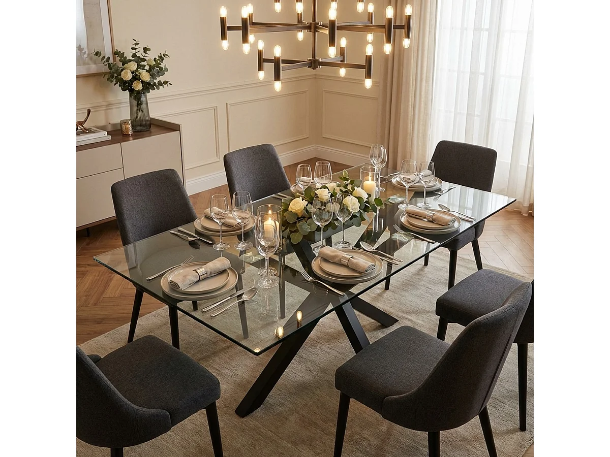 Table design moderne pieds croisés noir en verre 200x100cm Laka