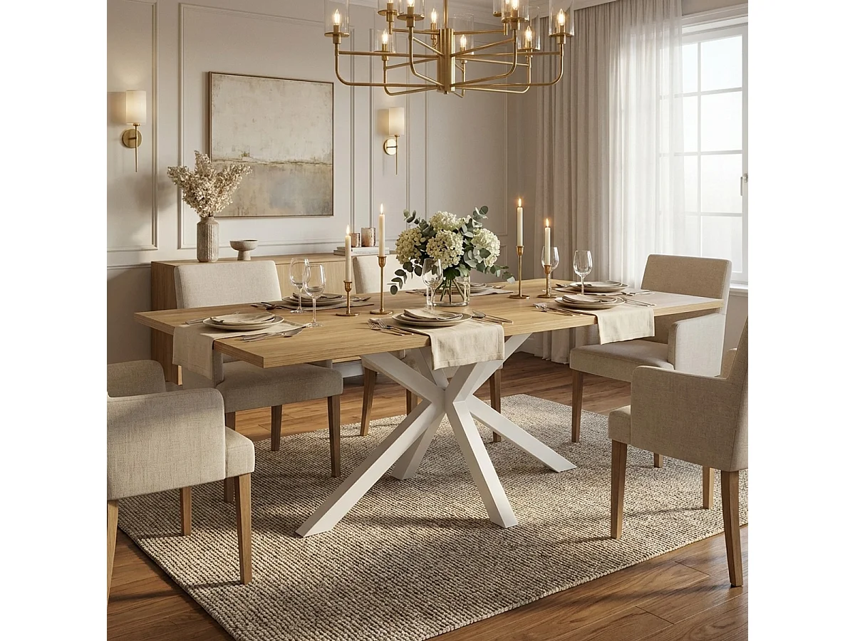 Esstisch aus Holz 200x100cm mit weißen gekreuzten Beinen Moyo