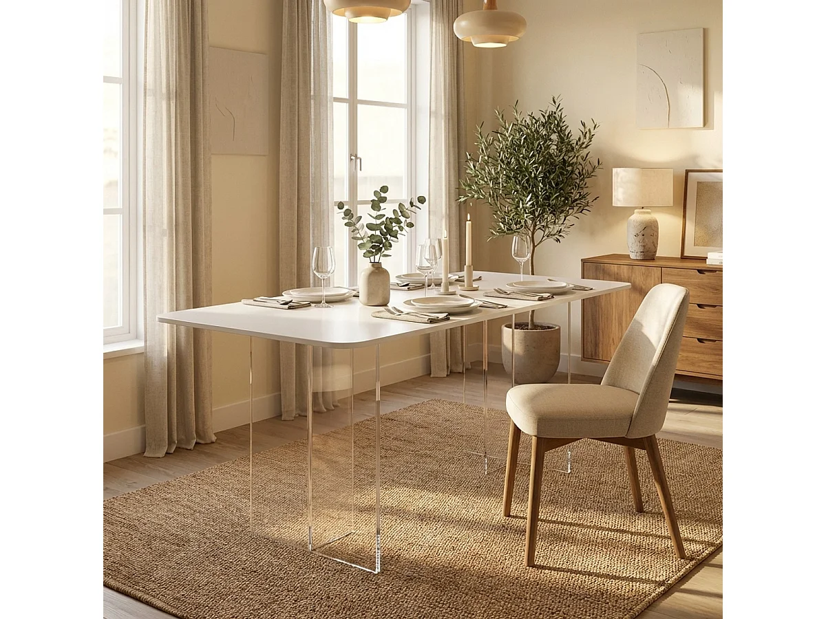 Mesa de comedor y cocina transparente 140x80 cm de diseño moderno minimalista Faust