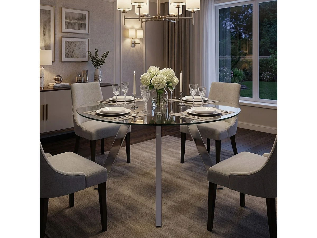 Table design moderne en verre ronde 130cm avec pieds en métal Orun