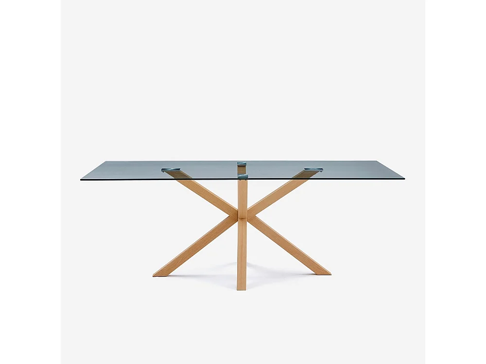 Table de design en verre et bois 200x100cm avec pieds croisés Horo