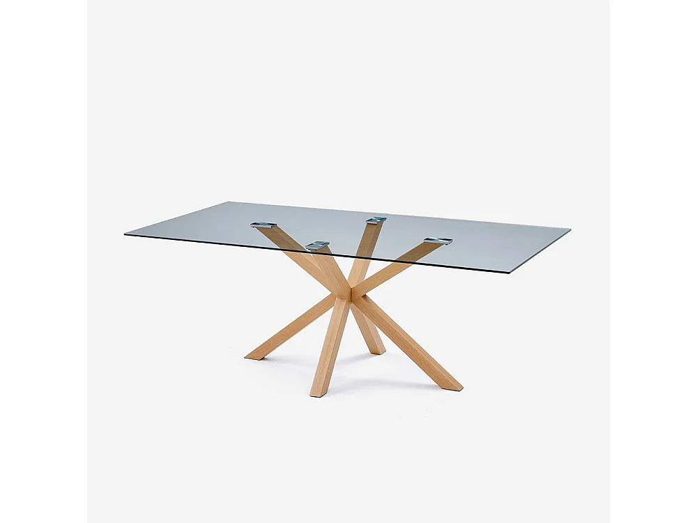 Table de design en verre et bois 200x100cm avec pieds croisés Horo