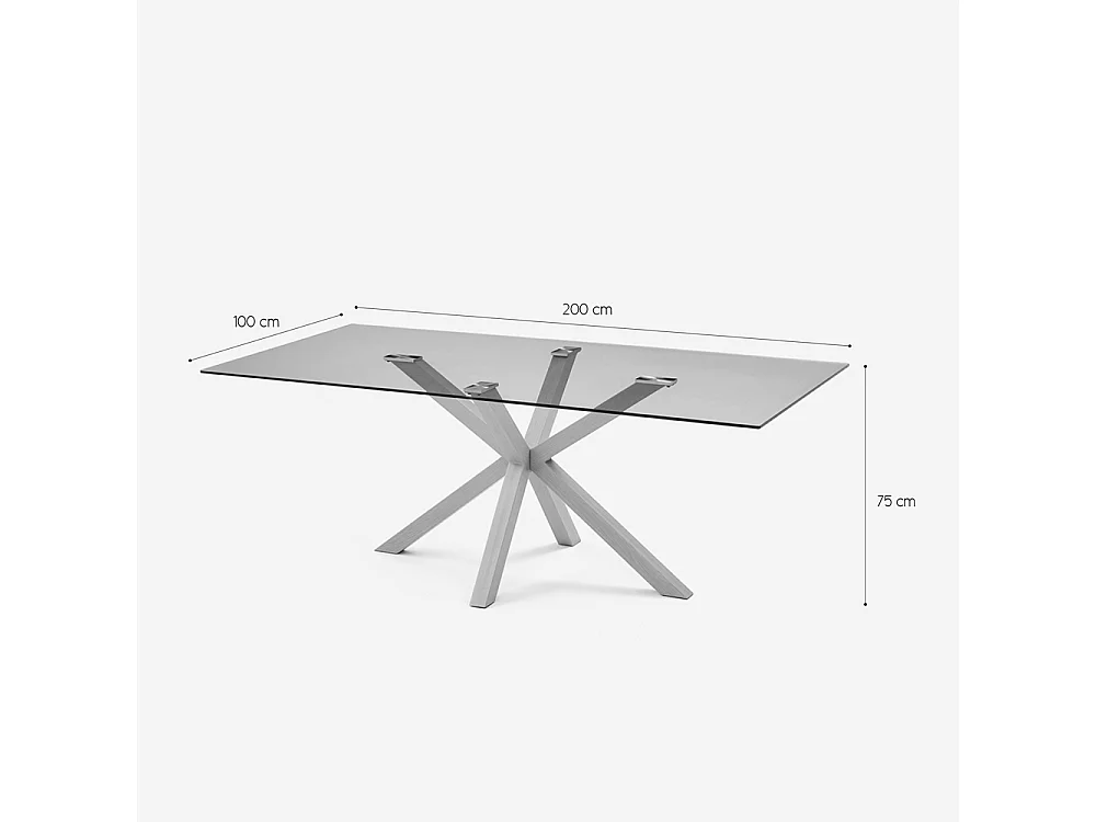 Table de design en verre et bois 200x100cm avec pieds croisés Horo