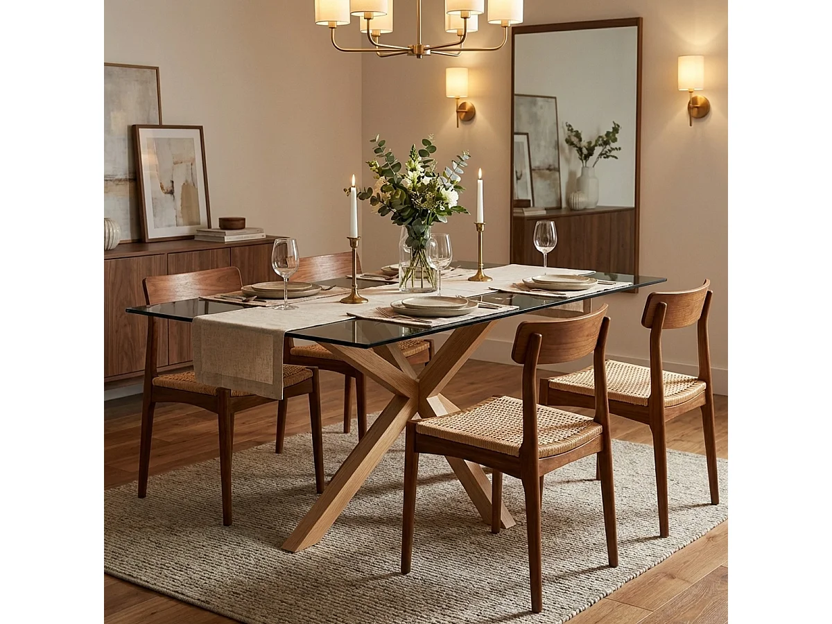 Tisch 200x100cm Design aus Glas und Holz mit gekreuzten Beinen Horo