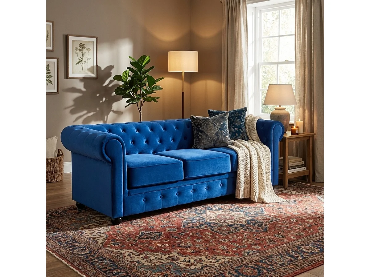 Sofá Chesterfield de terciopelo de 3 plazas estilo clásico vintage Norwich - Azul Marino