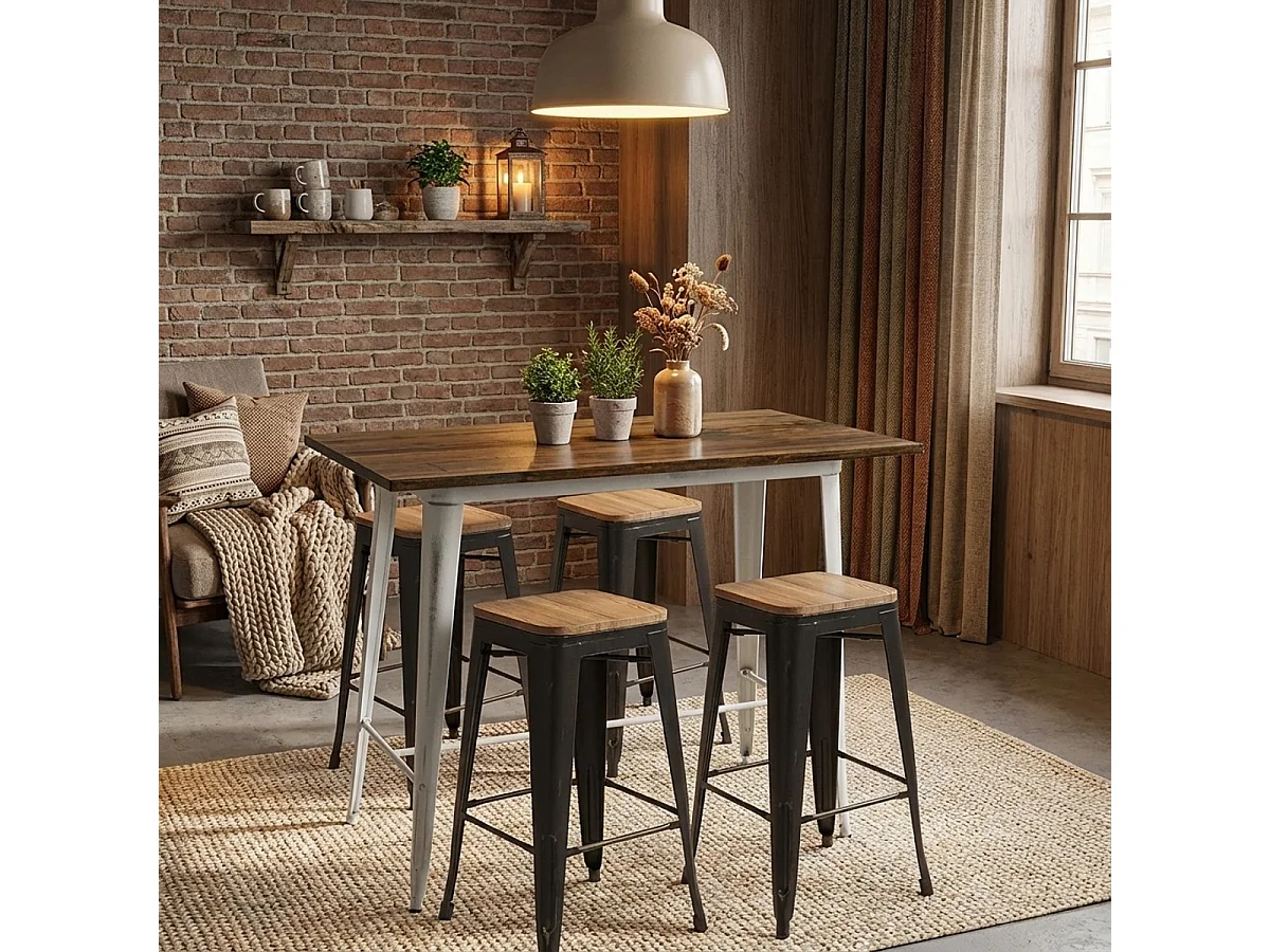 Mesa bar alta taburetes vintage industrial 120 x 60 x 106 cm Catal Brush - Blanco