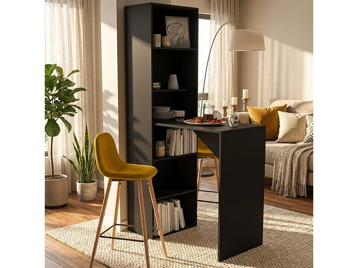 Mobile bar moderno tavolo alto per sgabelli con ripiani h109 Tanul - Nero