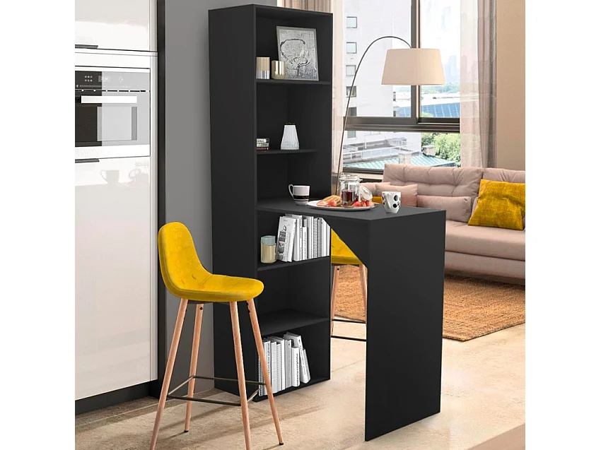 Mobile bar moderno tavolo alto per sgabelli con ripiani h109 Tanul - Nero