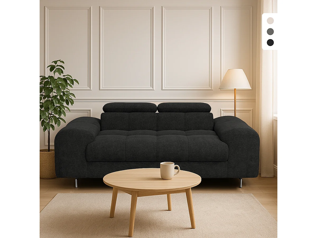 Divano moderno 2 posti in tessuto con poggiatesta regolabile Kuran - Nero