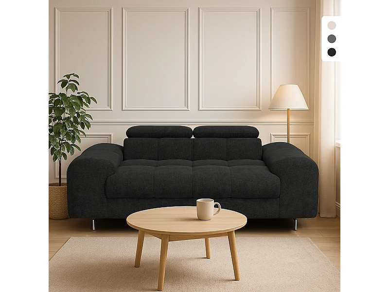 Divano moderno 2 posti in tessuto con poggiatesta regolabile Kuran - Nero