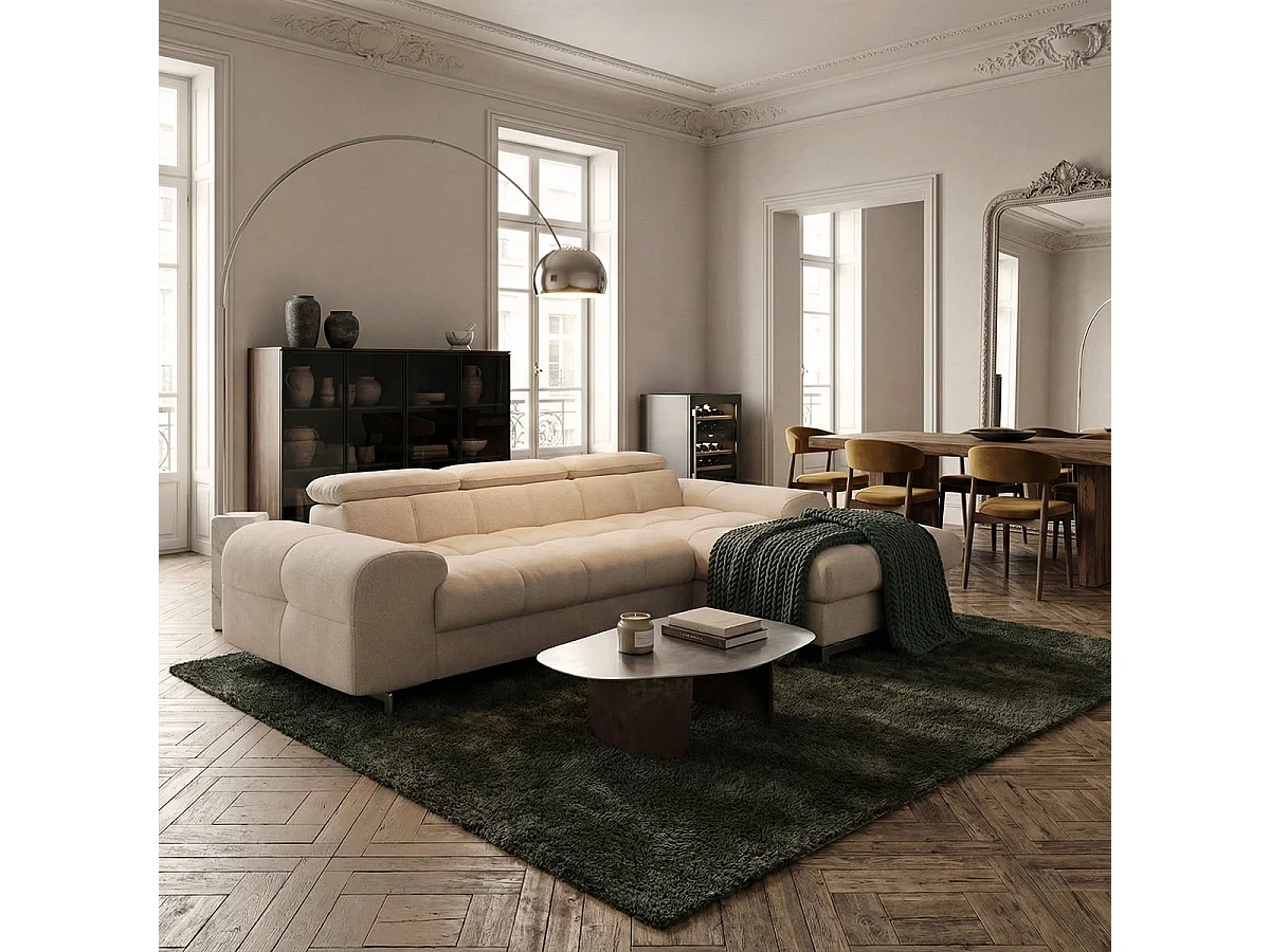 Sofá rinconero 3 plazas con chaise longue derecha y reposacabezas ajustable Zafra - Beige