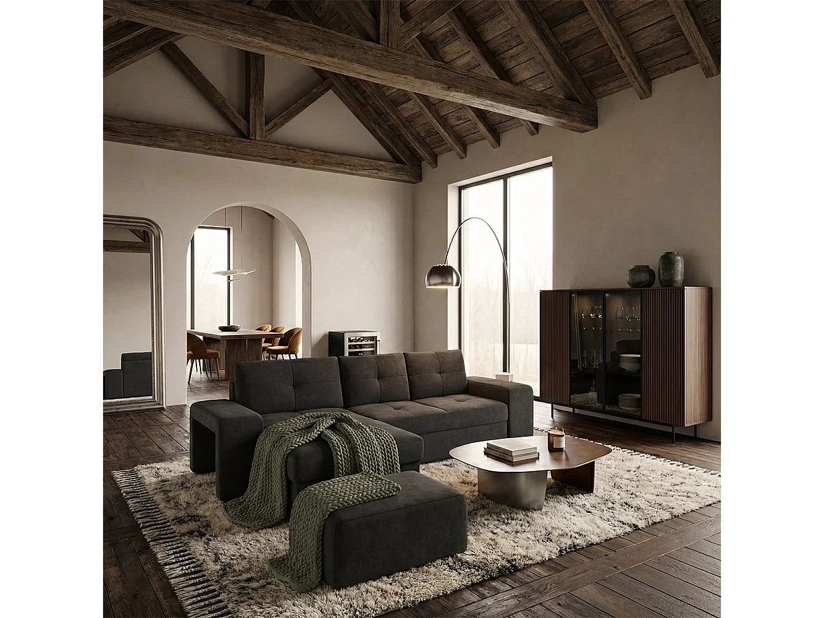 Moderner 3-Sitzer Ecksofa mit linker Ottomane und Pouf Navi - Schwarz