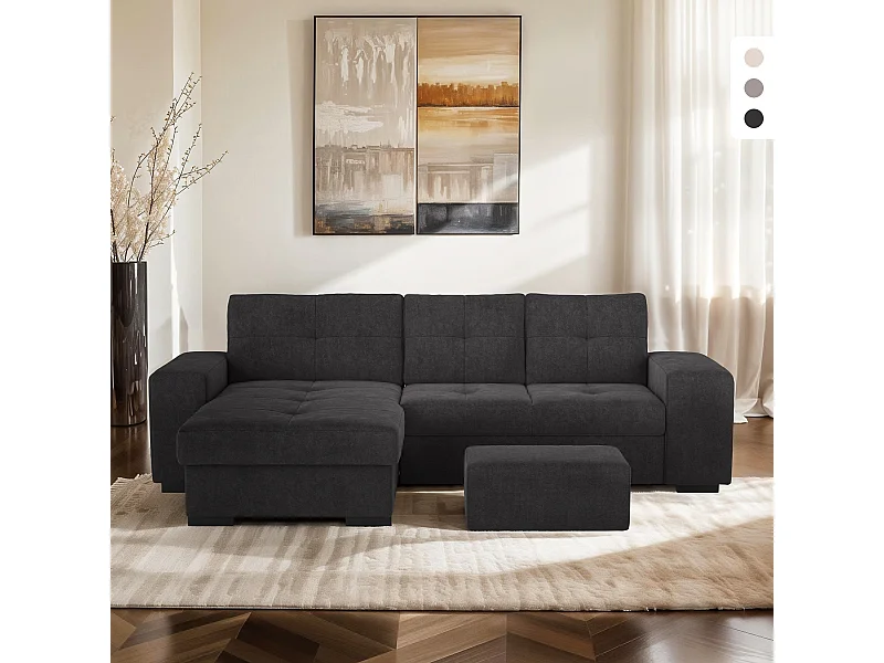 Divano 3 posti angolare moderno con penisola sinistra e pouf Navi - Nero