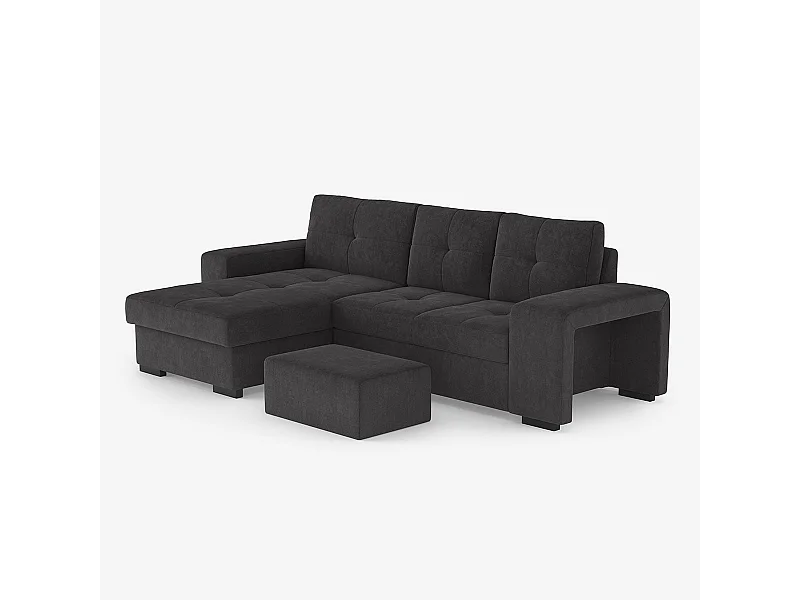 Moderner 3-Sitzer Ecksofa mit linker Ottomane und Pouf Navi - Schwarz