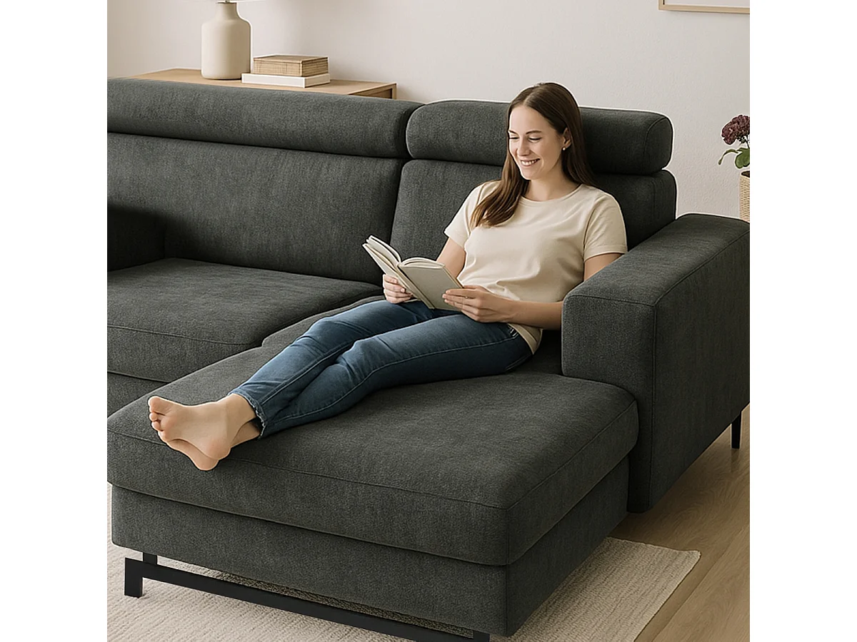 Divano angolare 3 posti con penisola destra poggiatesta regolabile Hiala - Grigio