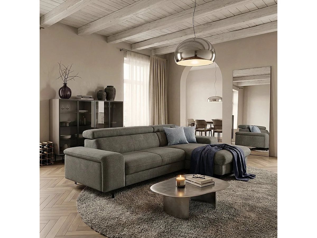 3-Sitzer Ecksofa mit rechter Ottomane und verstellbarer Kopfstütze Hiala - Grau