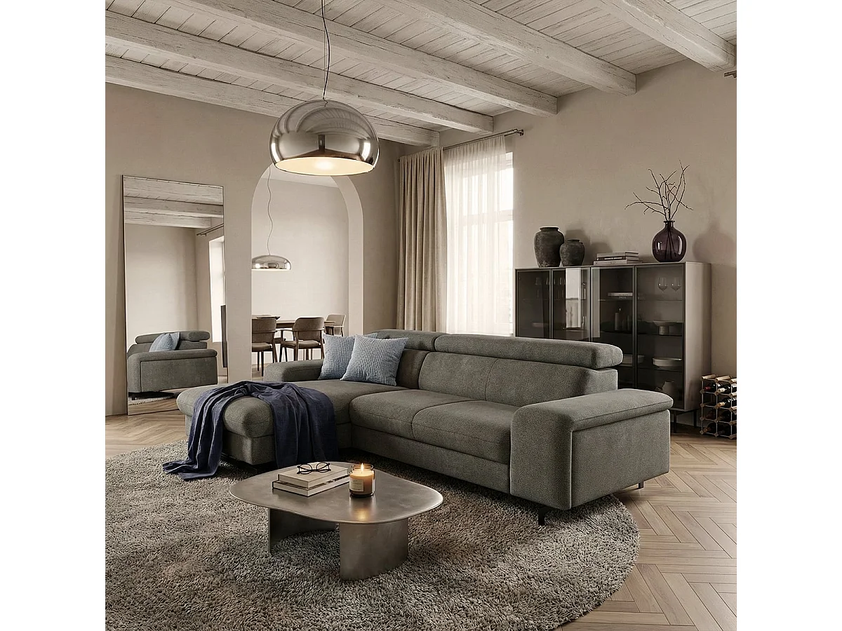 Sofá esquinero de 3 plazas con chaise longue izquierda y reposacabezas ajustable Liora - Gris