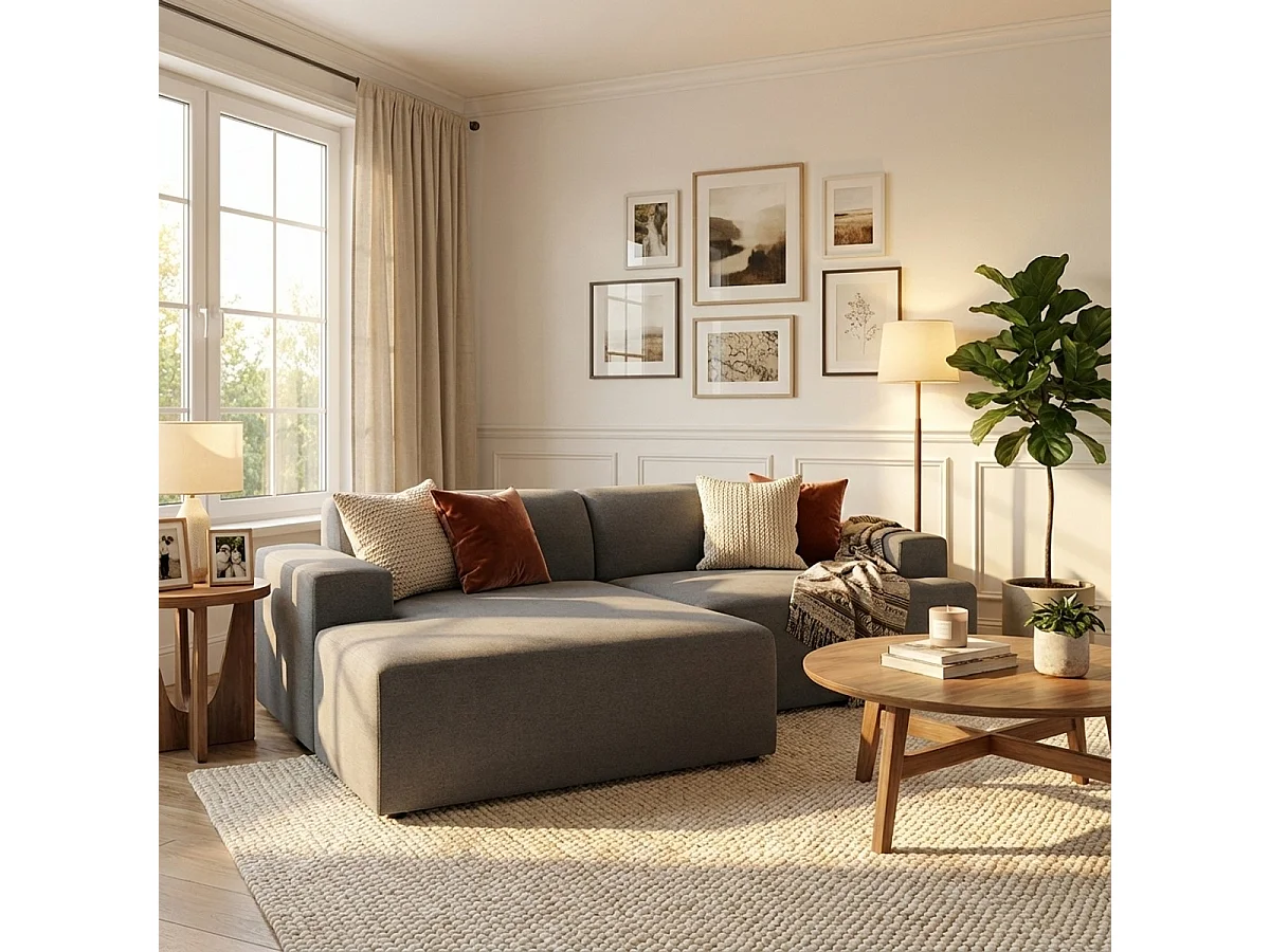 Canapé 3 places avec méridienne gauche design en tissu Seginus - Gris foncé