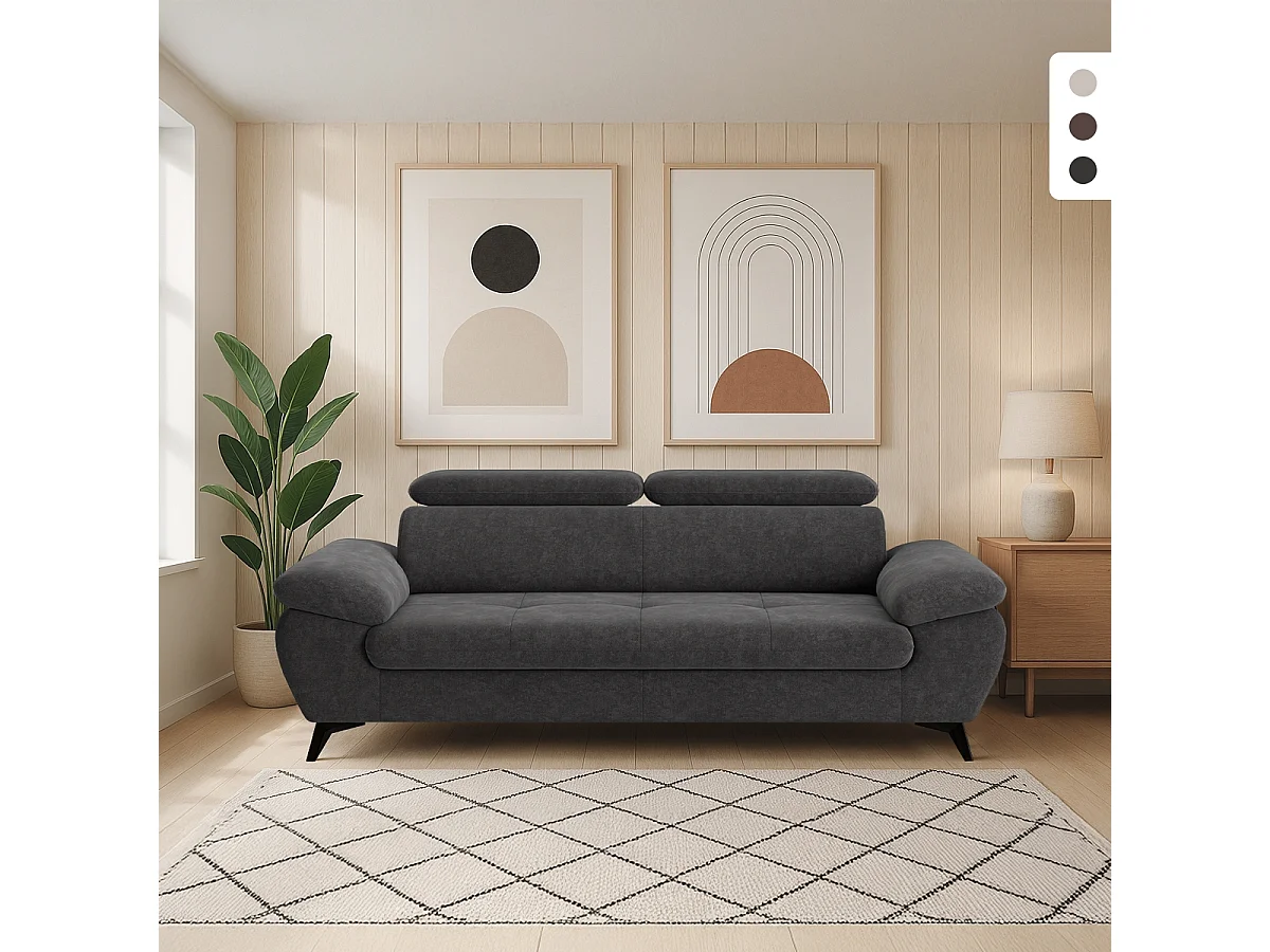 Divano 3 posti moderno di design con poggiatesta regolabile Kira - Nero