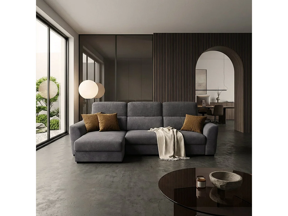 Verlängerbares Relaxsofa mit linksseitiger Ottomane und Stauraum aus Chenille, 3-Sitzer Sira - Schwarz