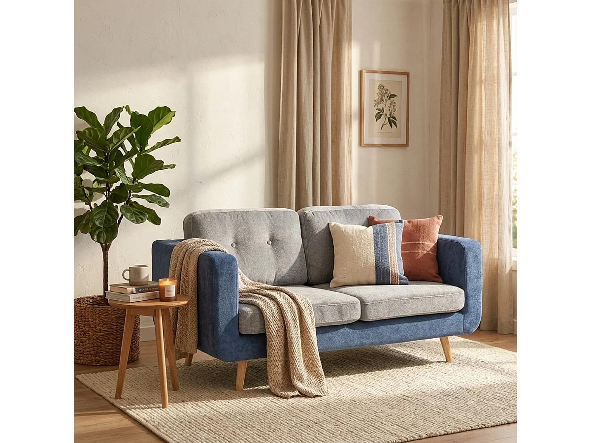 Divano 2 posti in tessuto bicolore grigio e blu cuscini reversibili Biko