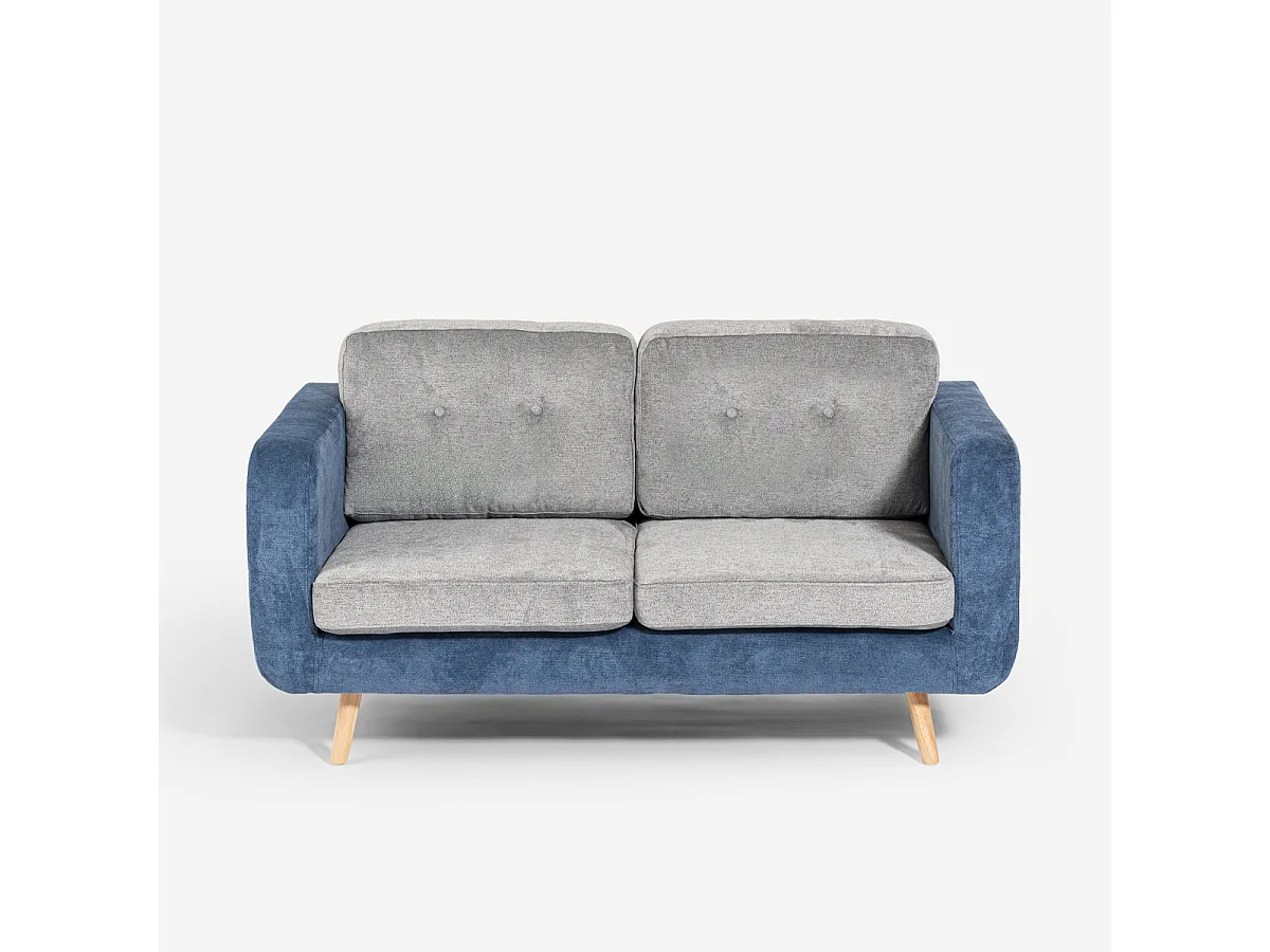 Divano 2 posti in tessuto bicolore grigio e blu cuscini reversibili Biko