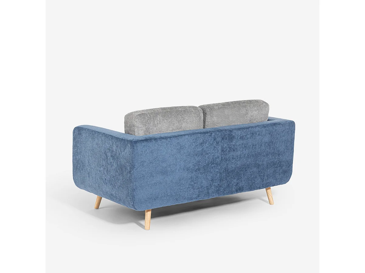 Divano 2 posti in tessuto bicolore grigio e blu cuscini reversibili Biko