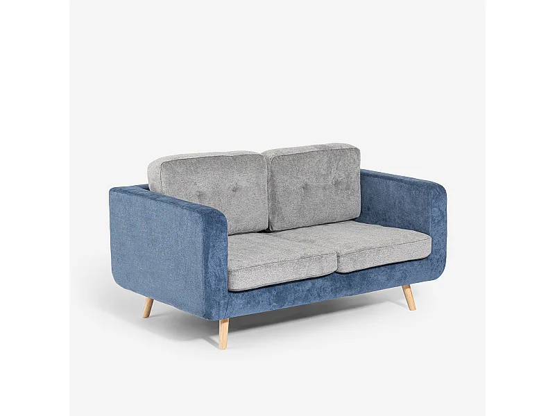 Divano 2 posti in tessuto bicolore grigio e blu cuscini reversibili Biko