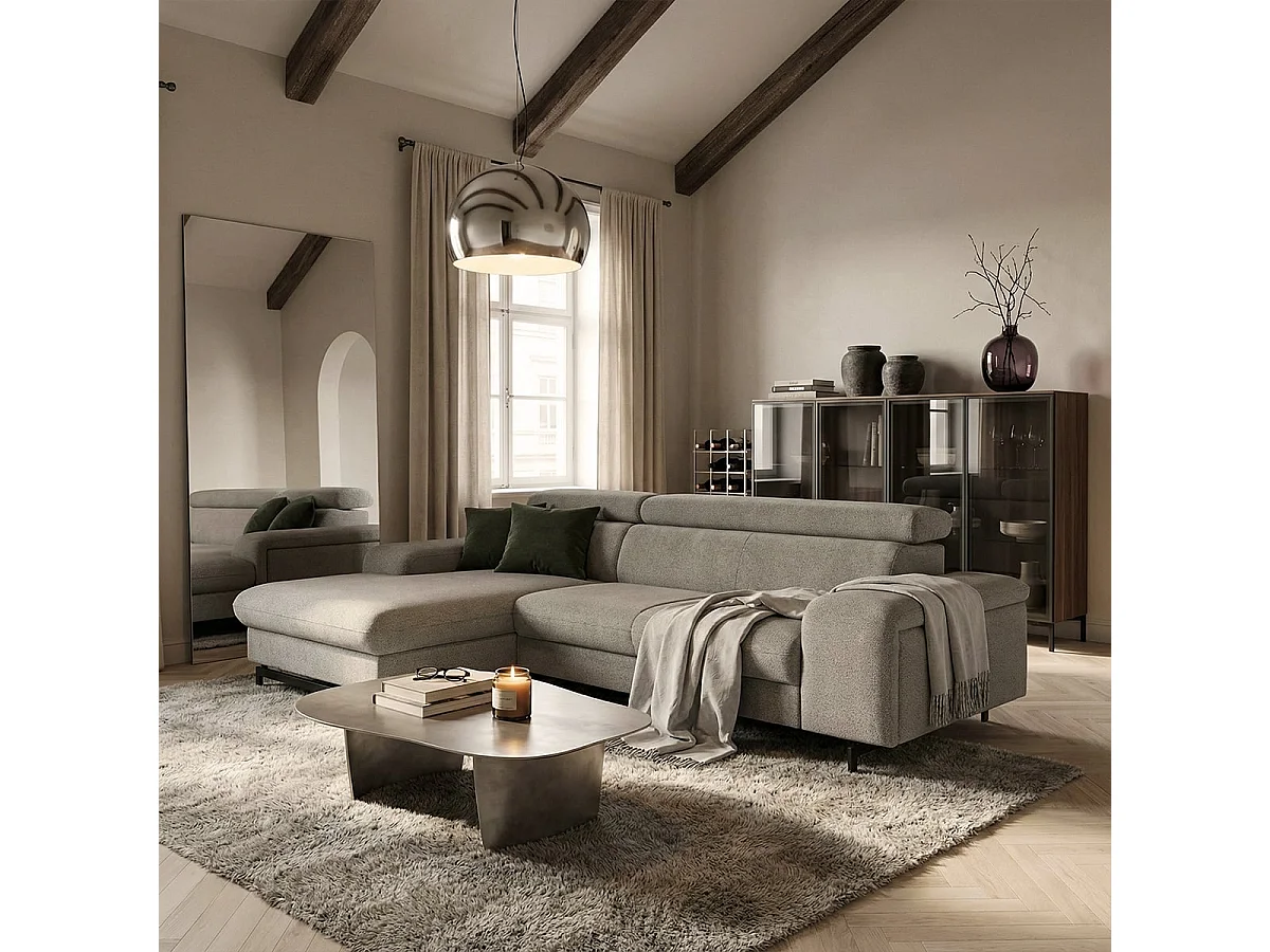 Sofá esquinero de 3 plazas con chaise longue izquierda y reposacabezas ajustable Liora - Beige