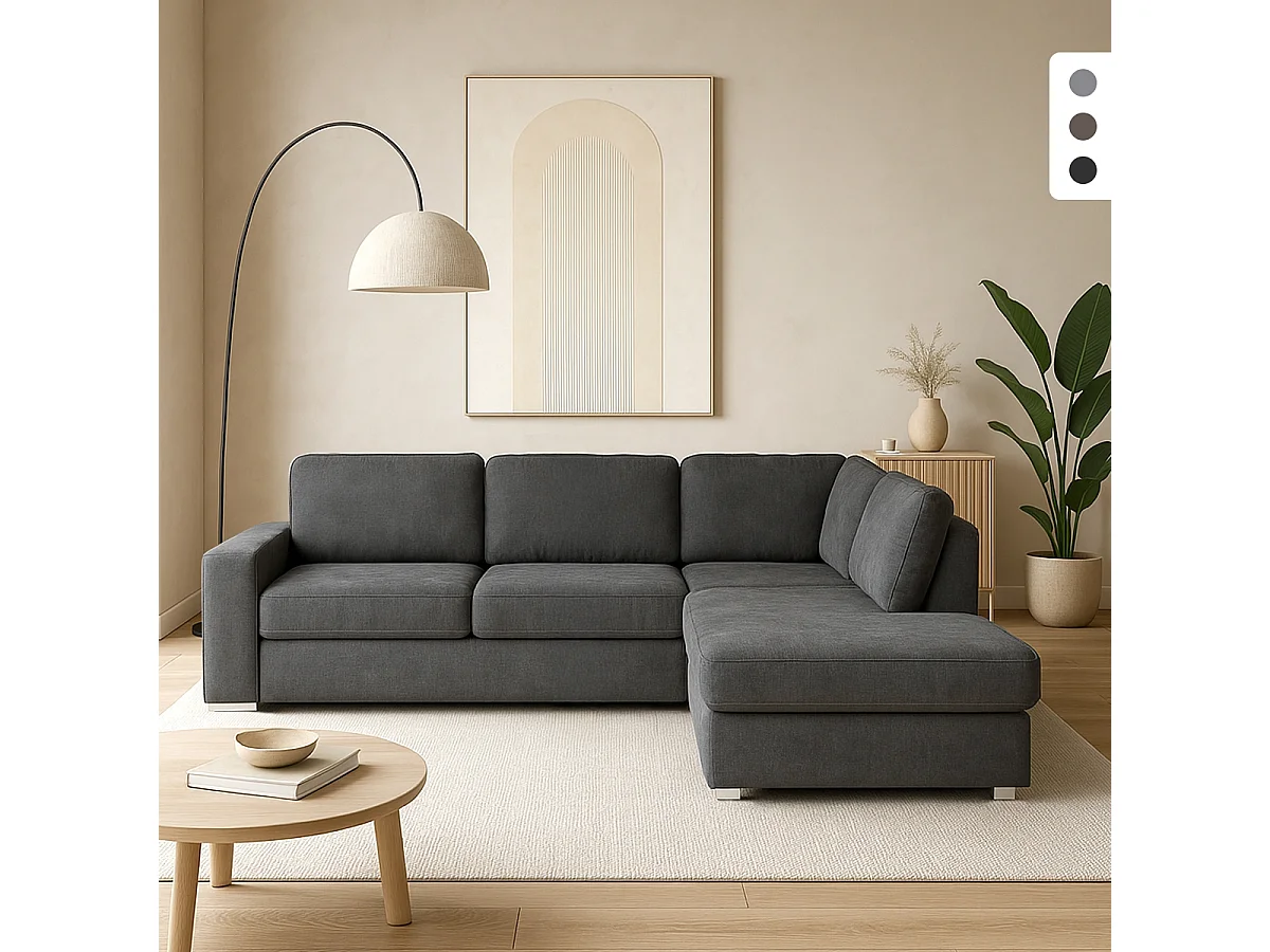 Divano 3 posti moderno con penisola a destra tessuto ciniglia Zafin - Grigio Scuro
