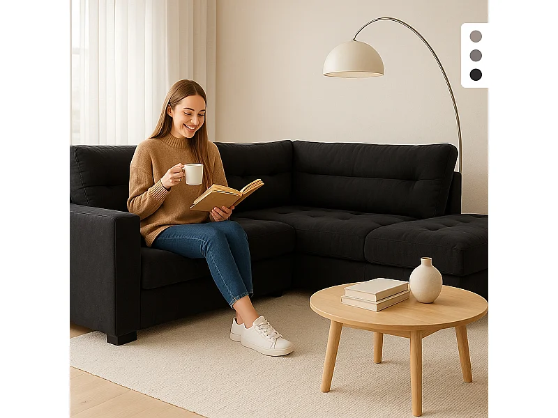 Divano angolare 3 posti moderno in tessuto con penisola a destra Rocca - Nero