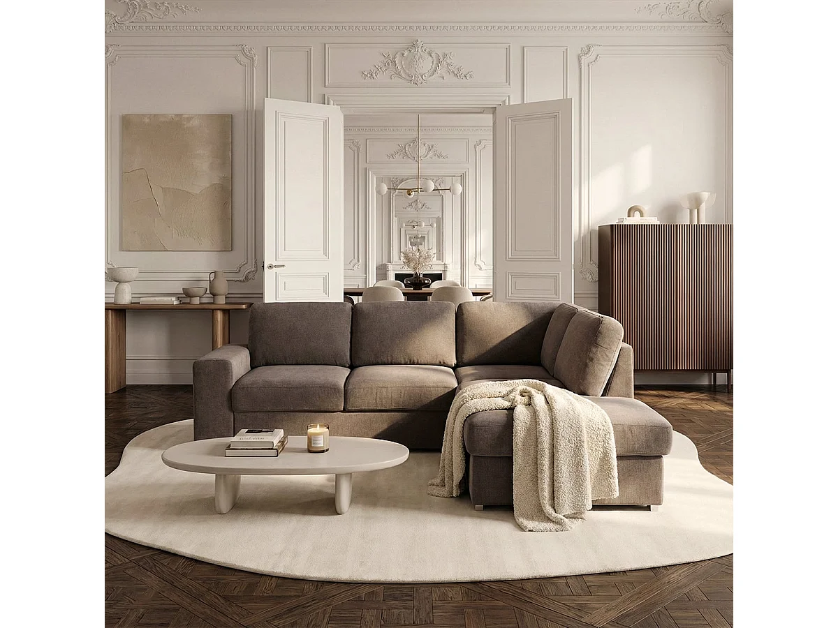 Sofá moderno de 3 plazas con chaise longue a la derecha, tejido chenilla Zafin - Gris pardo