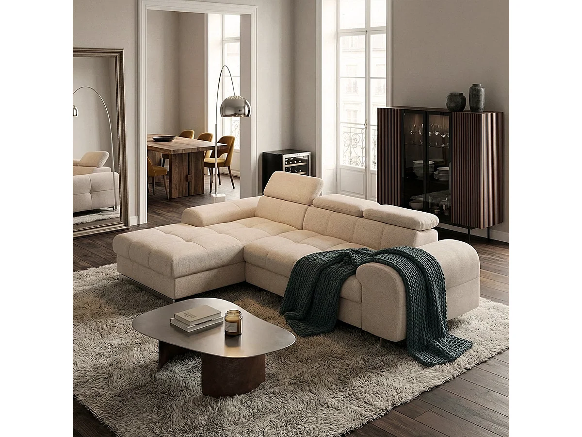 Sofá de 3 plazas con chaise longue a la izquierda y reposacabezas ajustable Tivon - Beige