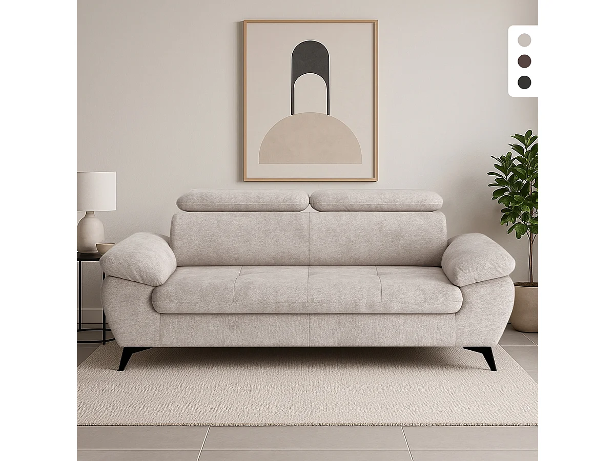 Divano 3 posti moderno di design con poggiatesta regolabile Kira - Grigio