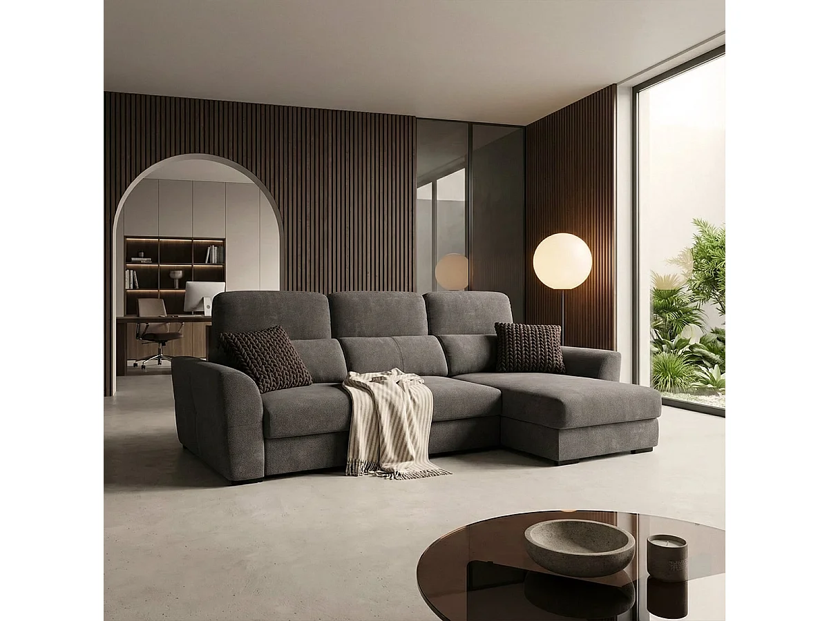 Ausziehbares 3-Sitzer Schlafsofa mit rechter Bettkasten-Chaiselongue Nuro - Dunkel Grau