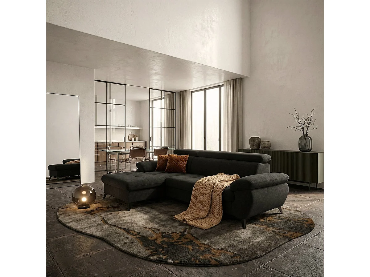 Sofá 3 plazas con chaise longue izquierda y reposacabezas reclinable Rilo - Negro