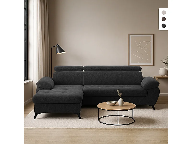 Divano 3 posti con penisola sinistra e poggiatesta reclinabile Rilo - Nero