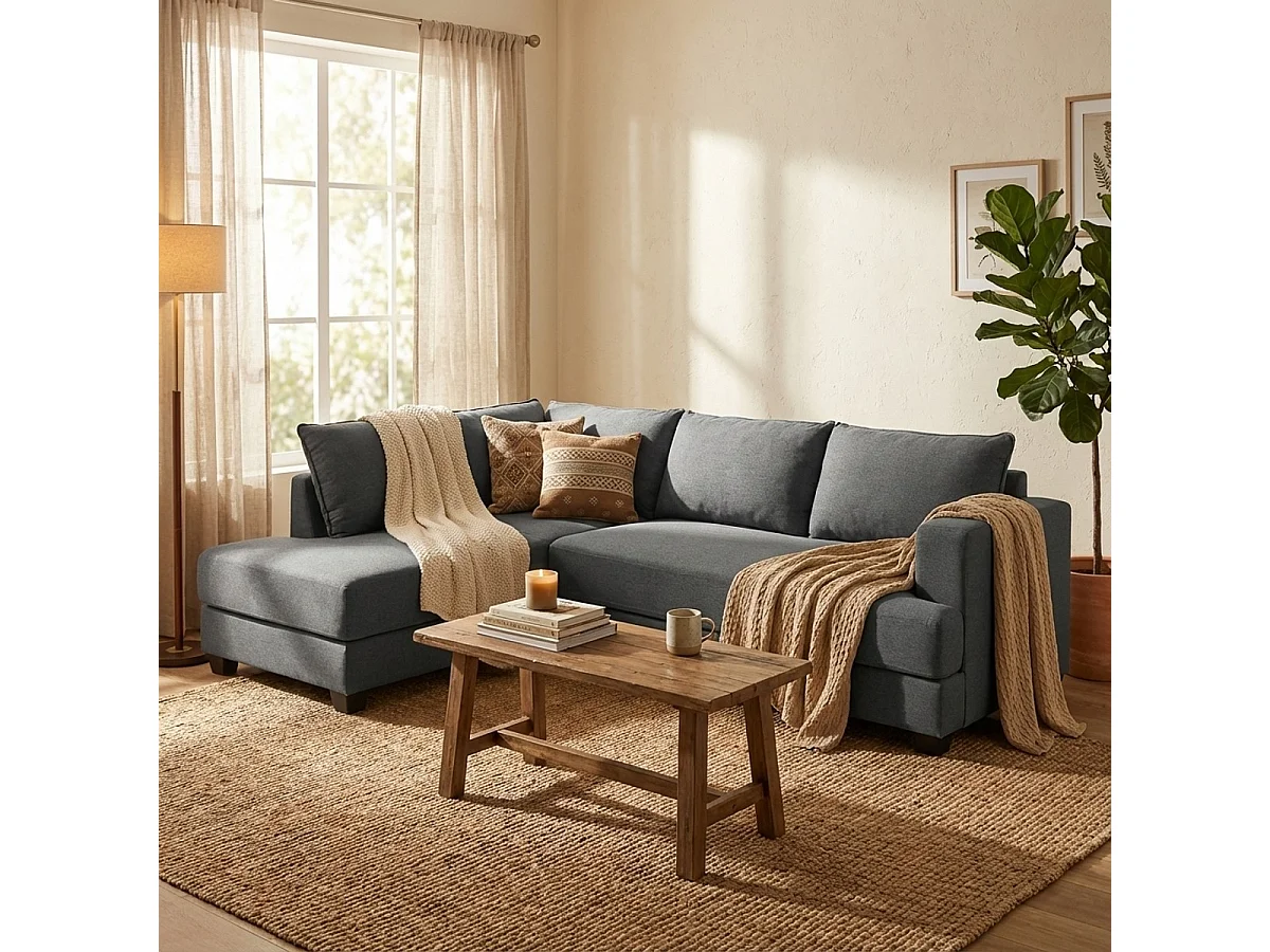 Divano design angolare 3 posti moderno in tessuto grigio Alhena