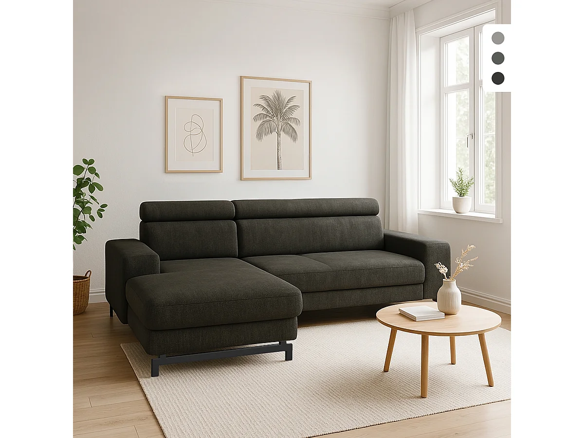 Divano 3 posti angolare con penisola sinistra poggiatesta regolabile Liora - Grigio Scuro