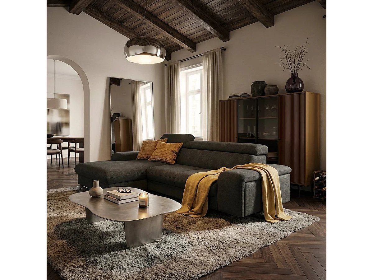 Sofá esquinero de 3 plazas con chaise longue izquierda y reposacabezas ajustable Liora - Gris Oscuro