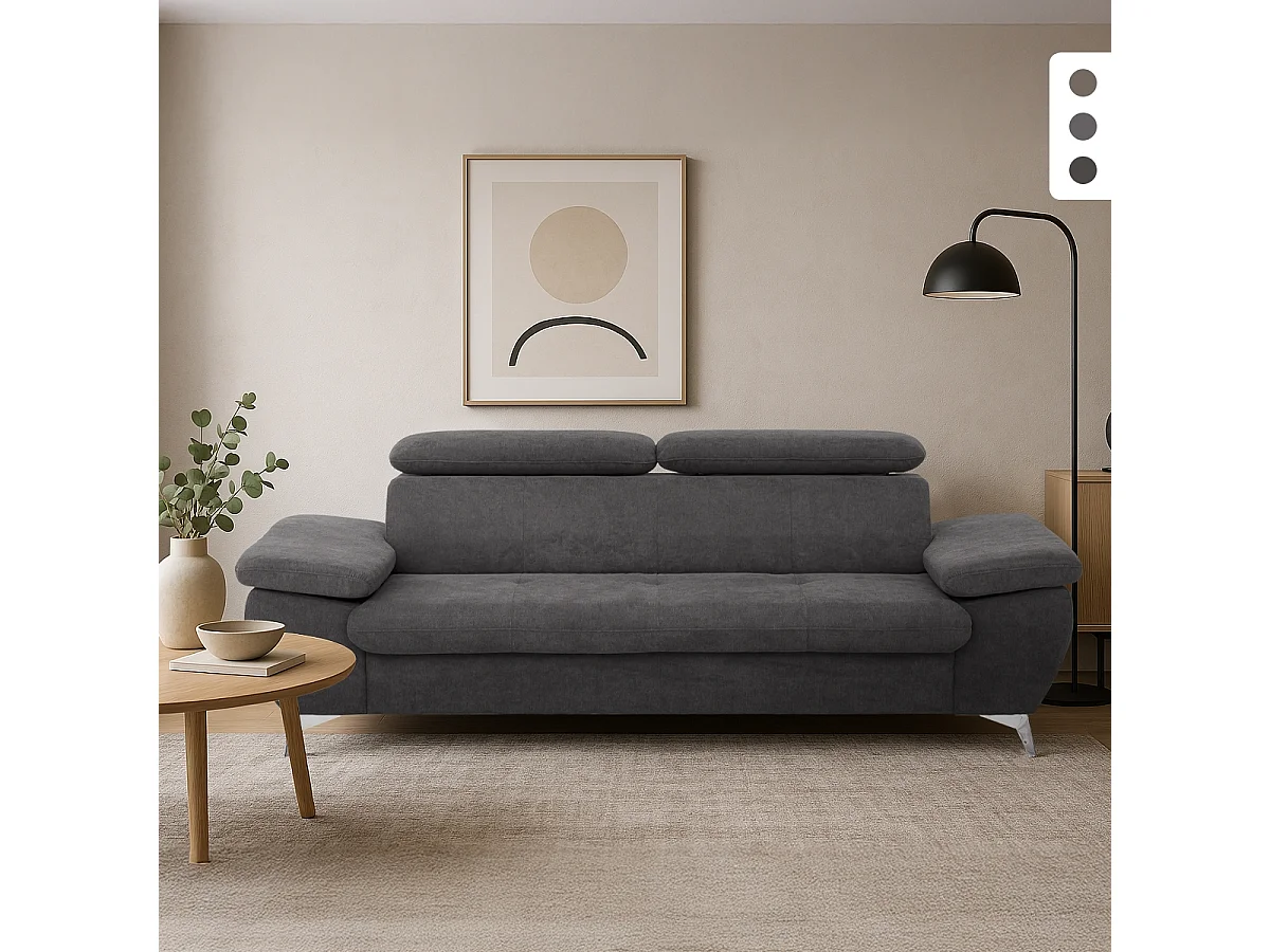 Divano moderno 3 posti in tessuto con schienale e braccioli regolabili Zana - Nero