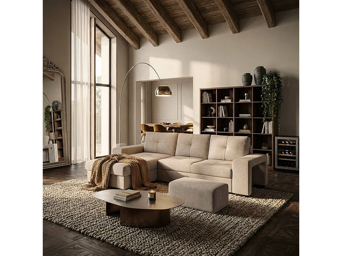 Moderner 3-Sitzer Ecksofa mit linker Ottomane und Pouf Navi - Grau