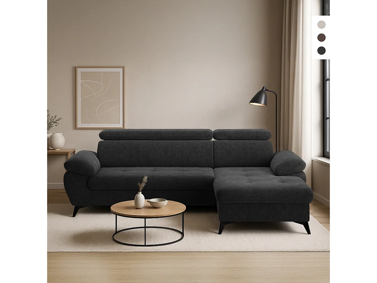 Divano 3 posti moderno con penisola destra poggiatesta regolabile Torav - Nero