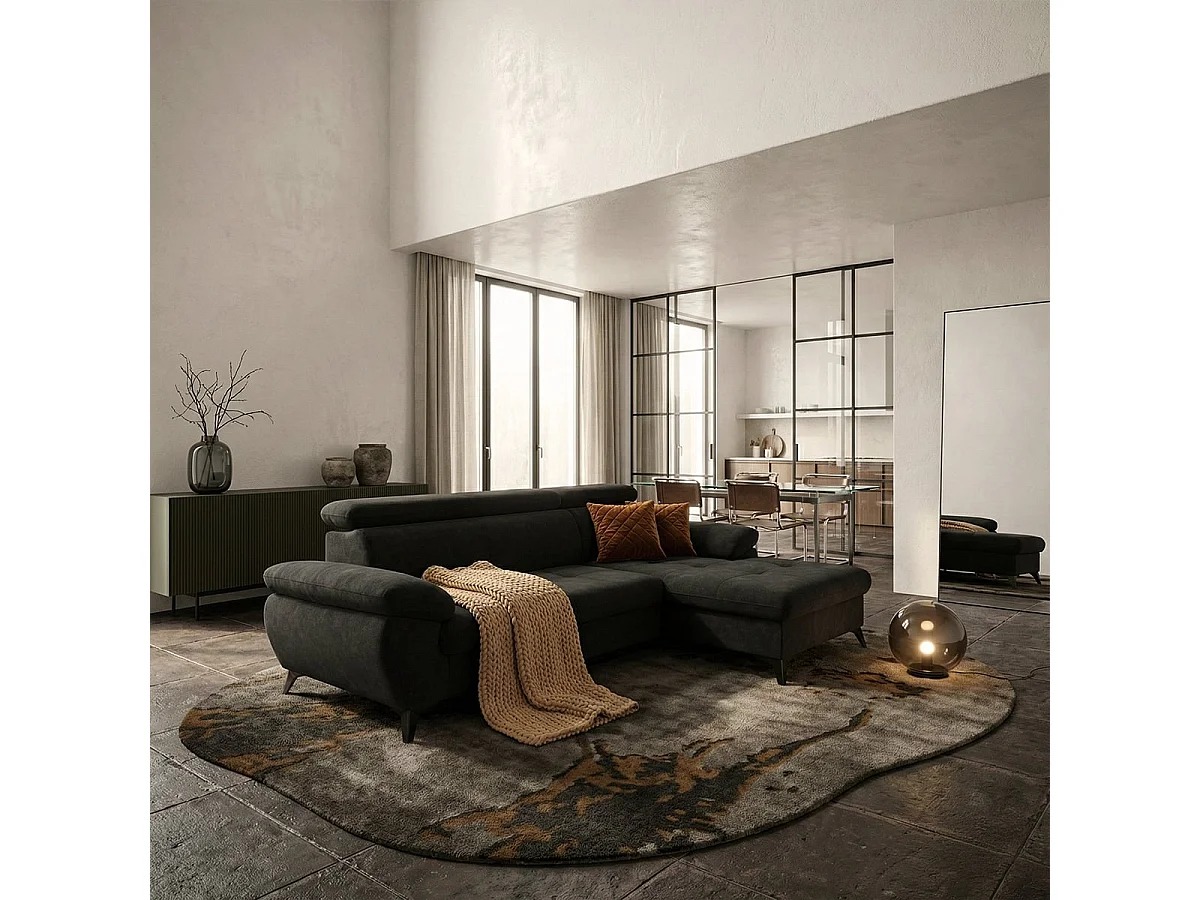 Sofá moderno de 3 plazas con chaise longue a la derecha y reposacabezas ajustable Torav - Negro