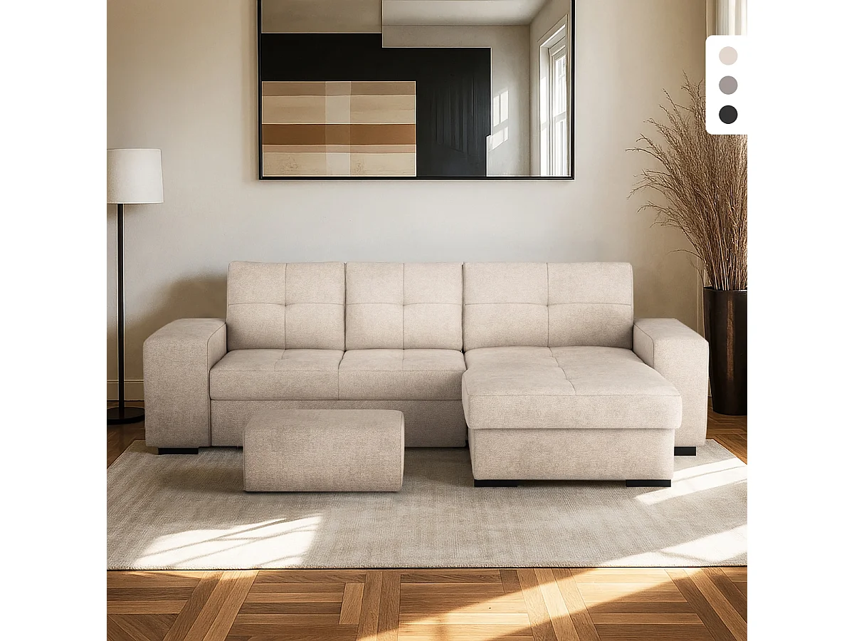 Divano angolare moderno 3 posti con penisola destra e pouf Vilo - Grigio