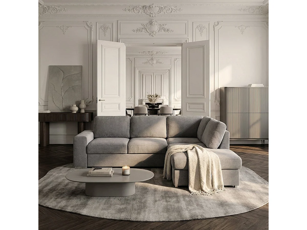 Moderner 3-Sitzer-Sofa mit rechter Ottomane in Chenille-Stoff Zafin - Grau