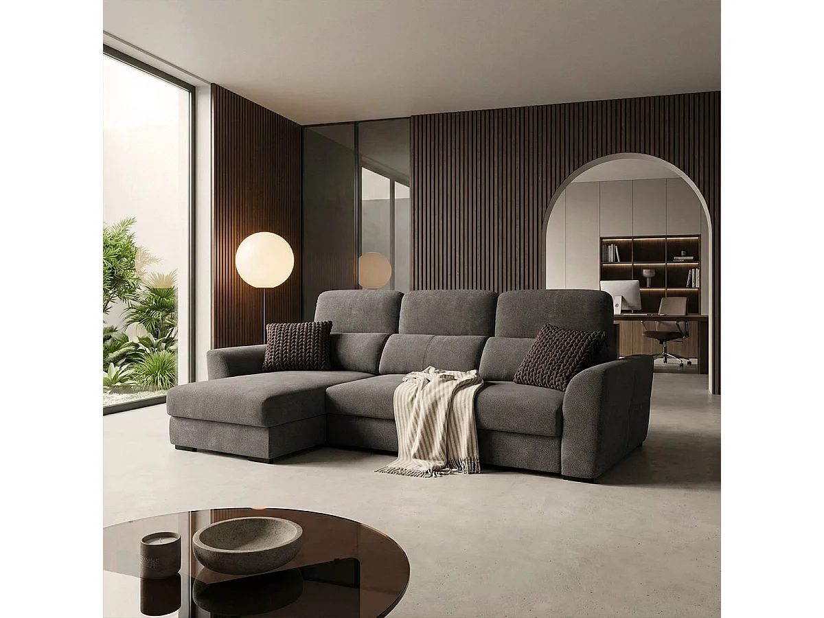 Verlängerbares Relaxsofa mit linksseitiger Ottomane und Stauraum aus Chenille, 3-Sitzer Sira - Dunkel Grau