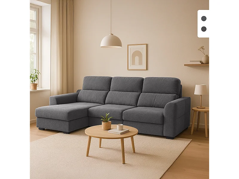 Divano allungabile relax penisola contenitore sinistra ciniglia 3 posti Sira - Grigio Scuro