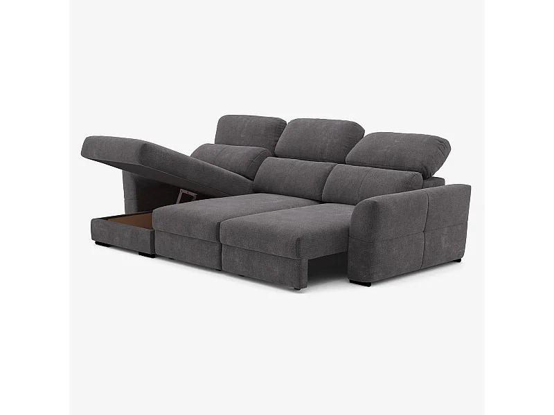 Sofá extensible relax con chaise longue y almacenamiento izquierda chenilla 3 plazas Sira - Gris Oscuro